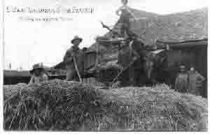 picture of local farmers threshing; shared by Emma (Jung) Kinkead